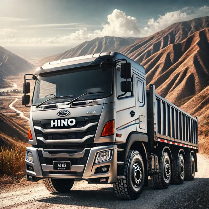 DALL·E 2025-03-18 22.08.34 - A high-quality image of a Hino truck on a rugged road in Nusa Tenggara Timur (NTT), Indonesia. The truck is sturdy and powerful, designed for tough te